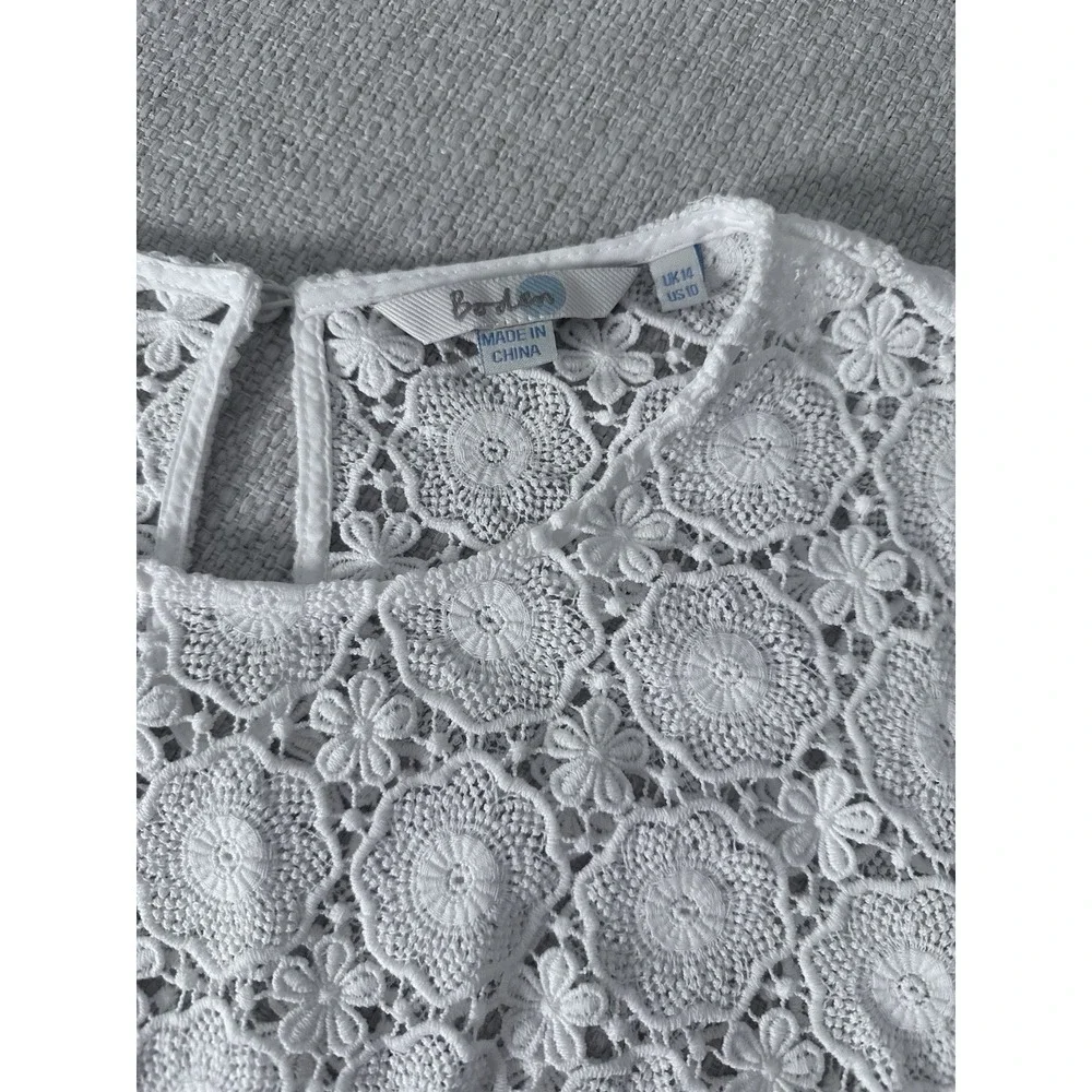 BODEN Crocheted Floral Lace Long Sleeve White Bohemian Hippy Top